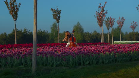 joven profesional tocando contrabajo en el jardín de verano en flor al aire libre.