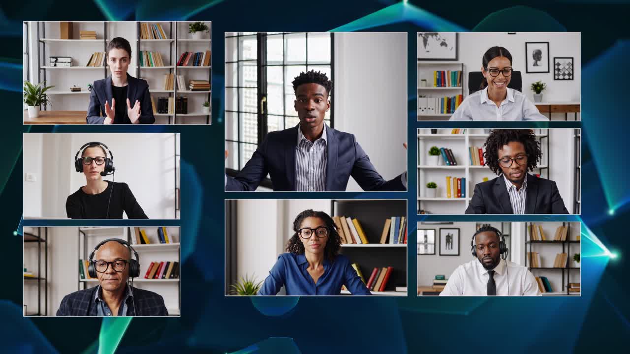 Video conference call with diverse professionals in a grid layout
