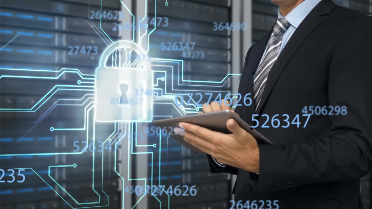 бизнесмен с анимацией кибербезопасности над серверными стойками