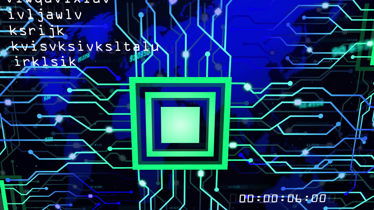 animación del procesamiento de datos y el mapa del mundo sobre fondo negro