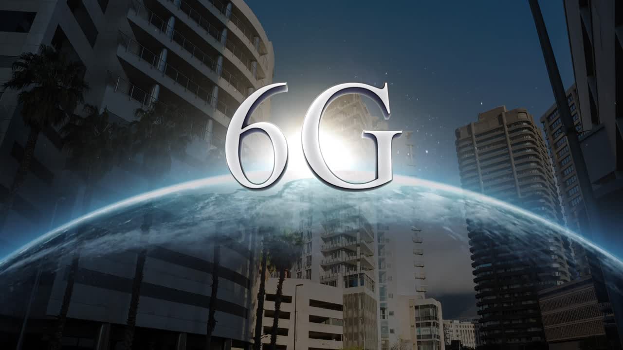 animazione di testo 6g, paesaggio urbano e globo