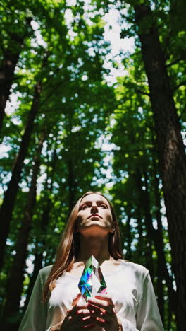 woman holding a crystal in a forest looking up