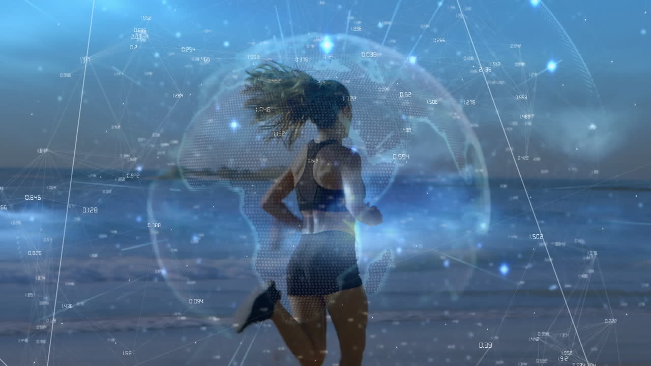 animación de escaneo de alcance y procesamiento de datos sobre mujer en forma corriendo por la orilla del mar