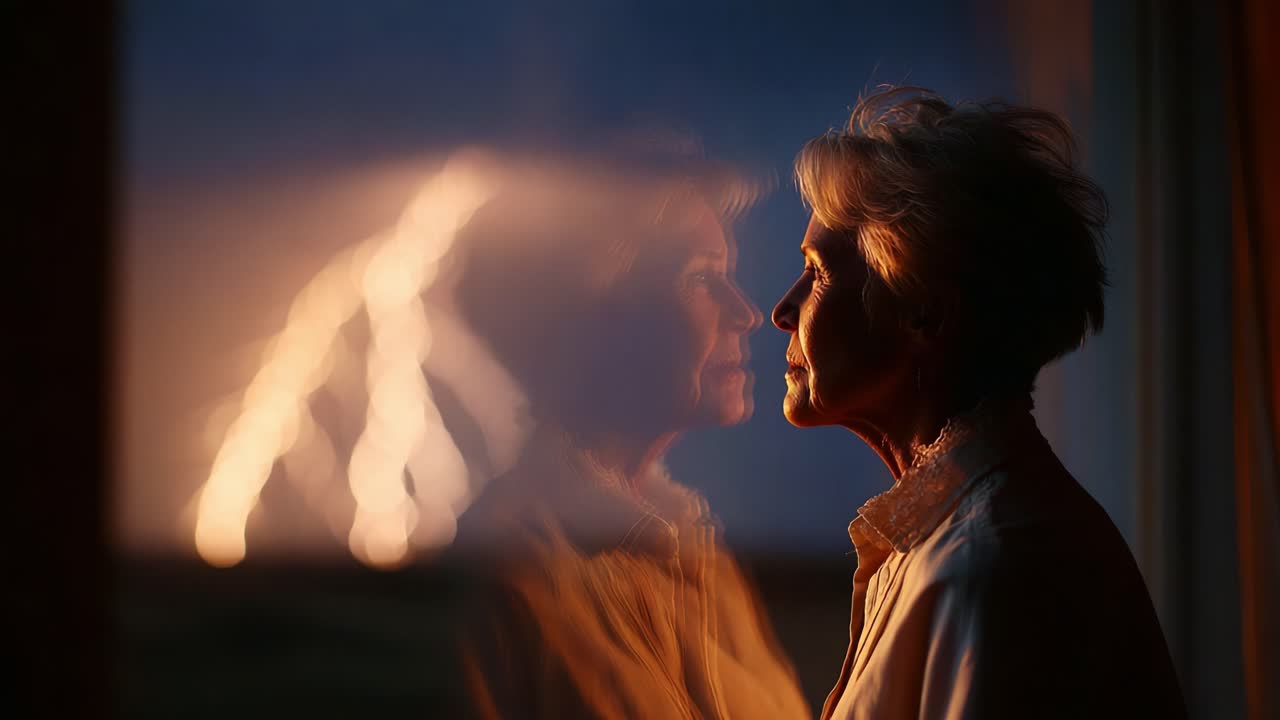 A Woman's Contemplative Moment Captured Through Reflections at Dusk, Evoking Emotions of Serenity and Deep Thoughtfulness Against a Mysterious, Ethereal Background