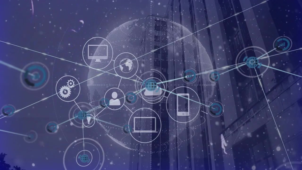 Digital Network Connection Overlaying Modern Skyscraper Building