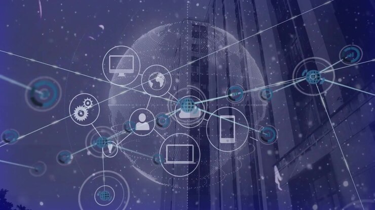 Digital Network Connection Overlaying Modern Skyscraper Building