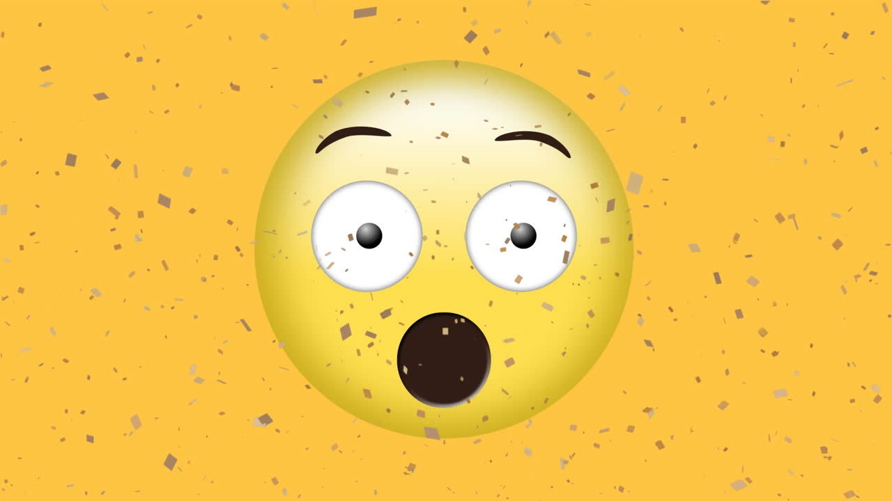 animación de confeti cayendo sobre un emoji sorprendido sobre un fondo amarillo