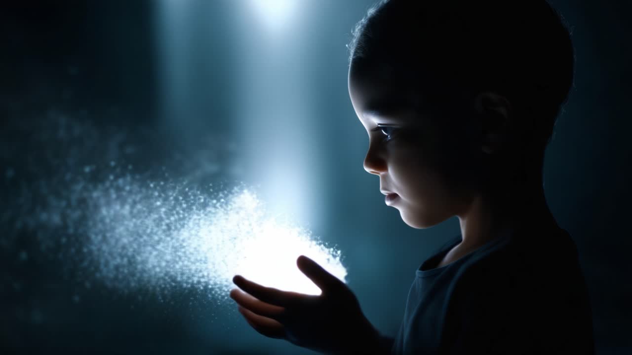 暗い環境の中で魔法の粒子に魅了され、光と質感の神秘に対する好奇心と驚きに目を輝かせている子供
