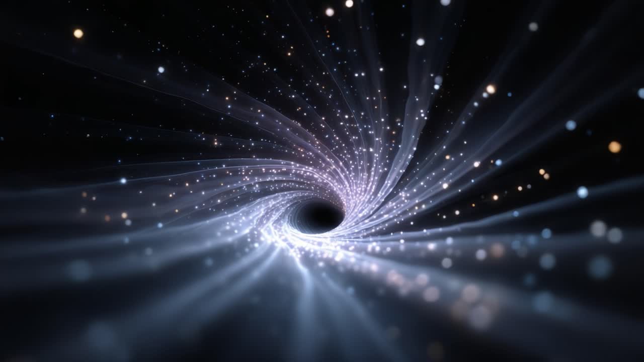 A Captivating Visual Dance of Cosmic Elements Highlighting the Mystical Depths of a Black Hole Surrounded by Dazzling Points of Light and Ethereal Whirlwinds