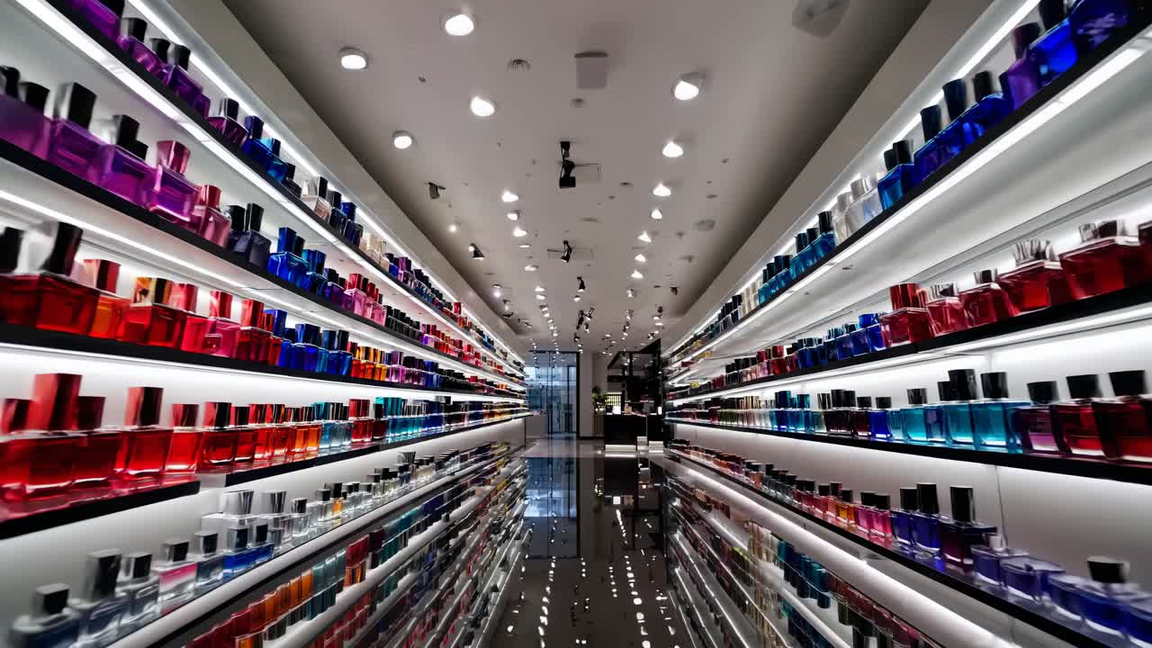 Wide-angle shot of a modern perfume store aisle, showcasing colorful bottles on sleek shelves