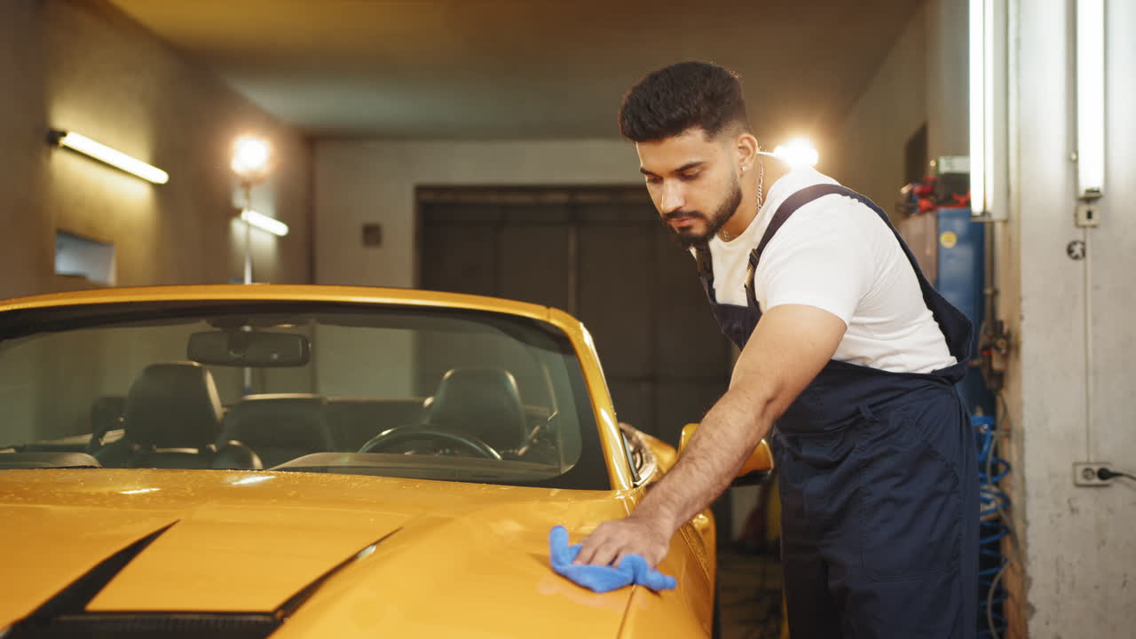 hombre limpiando un coche convertible amarillo en un garaje