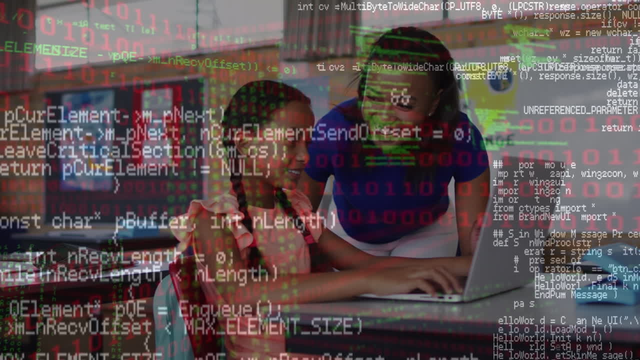 Animation of data processing over biracial female teacher and girl using laptop at school