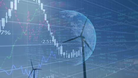 animación del procesamiento de datos financieros sobre la turbina eólica y el globo