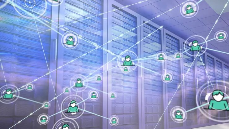 Animation of network of connections with icons over computer servers