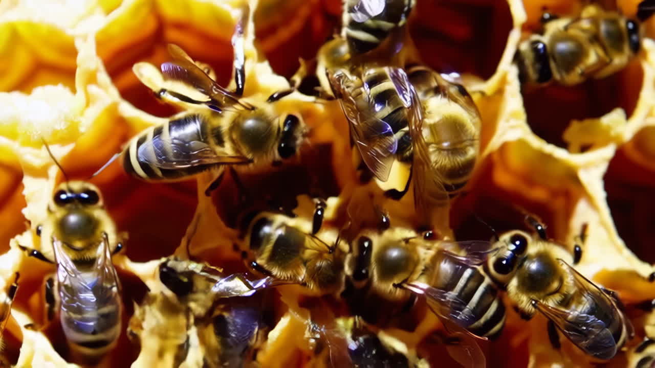 Close-up of Honeybees on a Honeycomb
