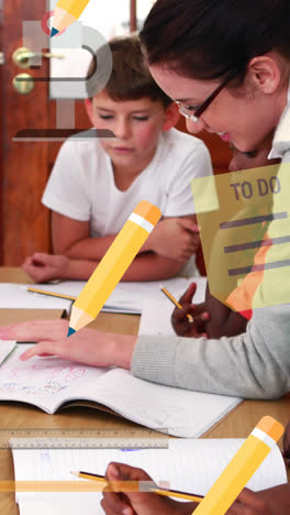 Animation-of-pencil-icons-over-smiling-caucasian-female-teacher-with-diverse-schoolchildren