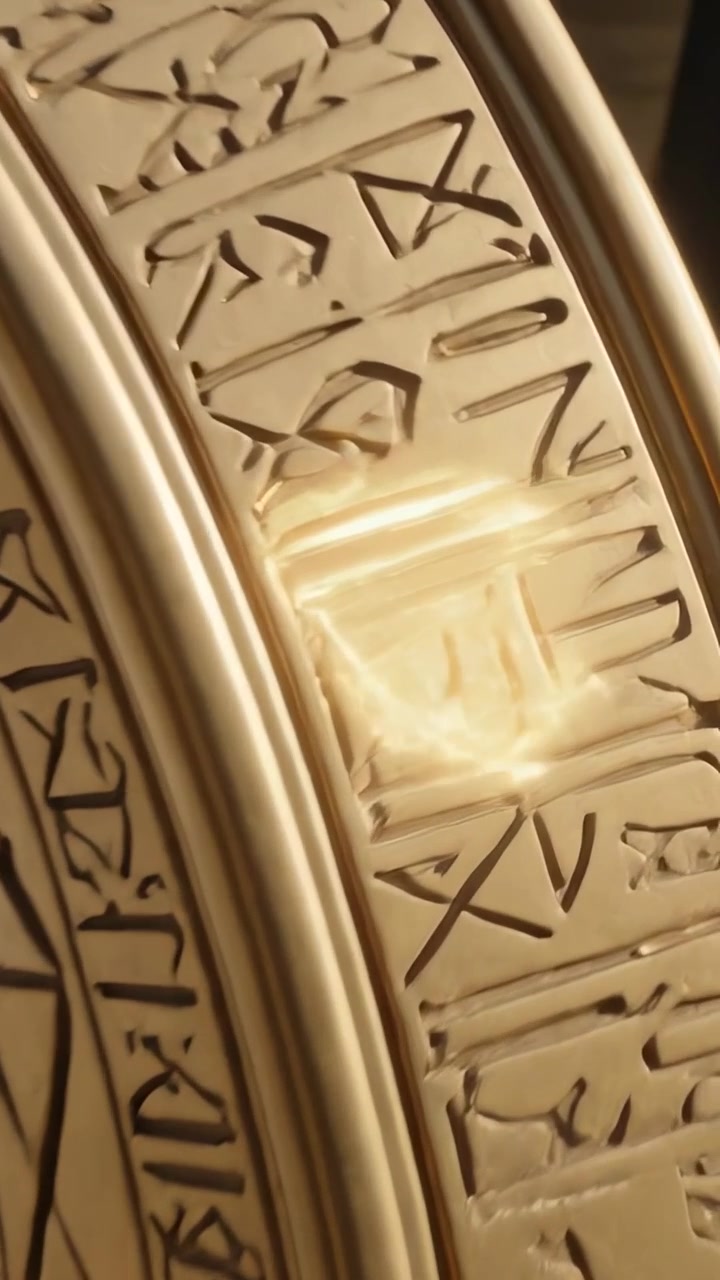 Vertical video: Moving camera along ornate gold arch with stone stairs, revealing glowing glyph