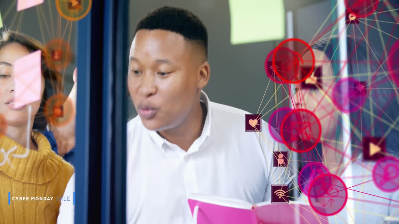 анимация подключенных икон, образующих глобус и различных коллег, планирующих над липкими записками на стене