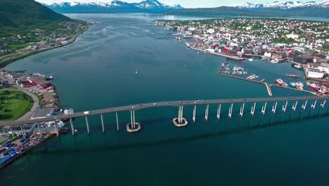 Bridge-of-city-Tromso,-Norway-Aerial-footage