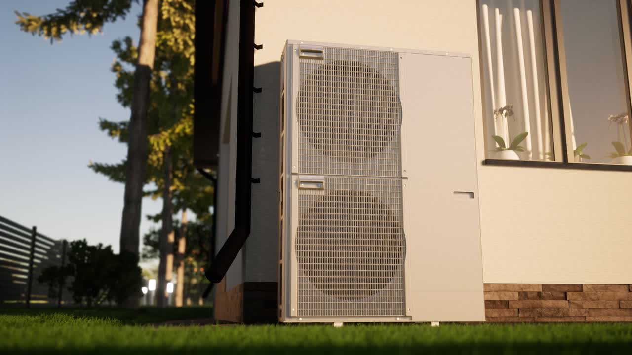 técnico de hvac instala sistemas de calefacción, ventilación y aire acondicionado. animación en 3d de la bomba de calor