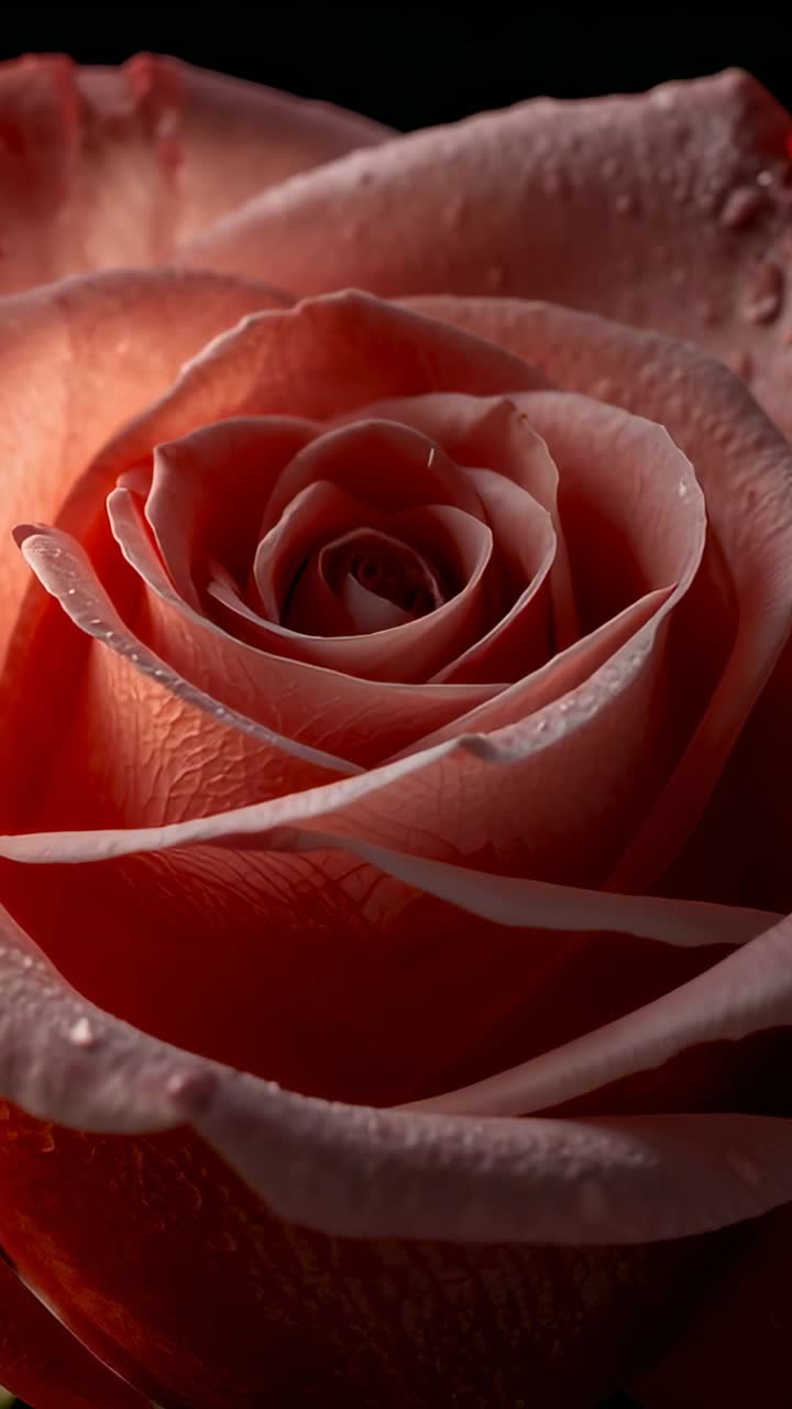 Video verticale: la camera che mette a fuoco con messa a fuoco a cremagliera si muove verso l'interno su una rosa rosa che sboccia in studio, rivelando goccioline