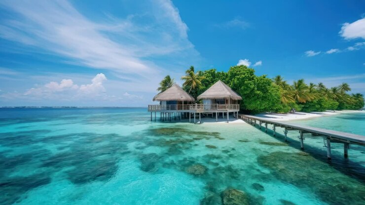 Aerial view of tropical overwater bungalows surrounded by turquoise waters and lush greenery