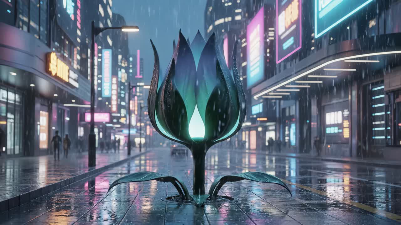 Futuristic Flower in Rainy Cityscape