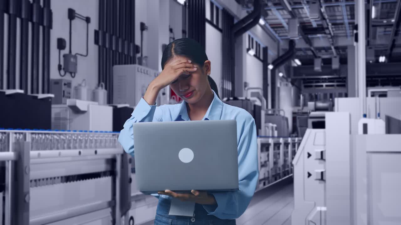 Asian Female With Her Laptop With Water Production in Bottling Factory, She Is Nodding Her Shead With Dissapionted