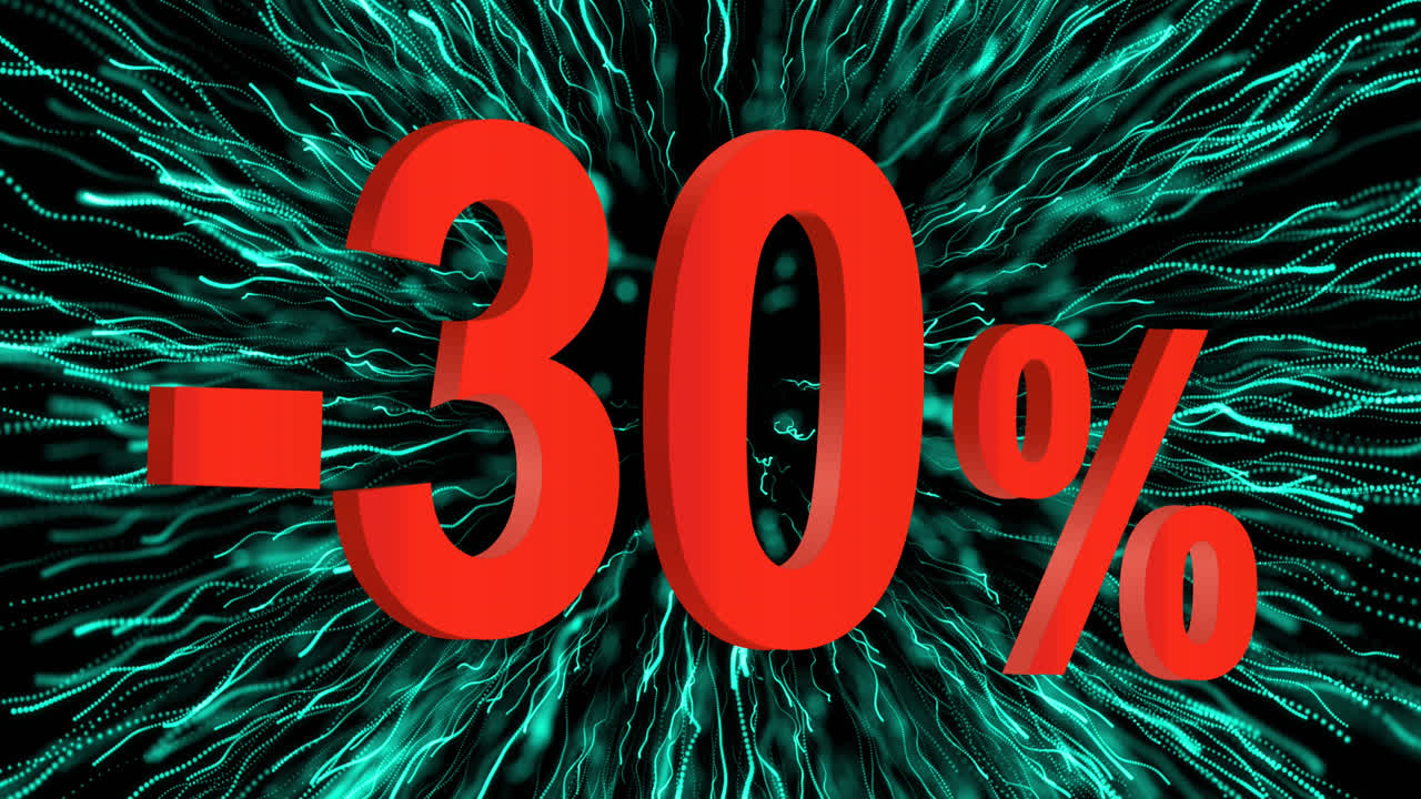 animación de 30 por ciento de descuento sobre fuegos artificiales en fondo negro