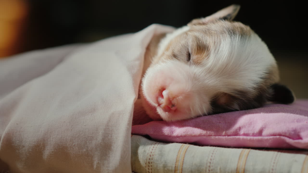 침대에서 자고 있는 귀여운 신생아 강아지 02