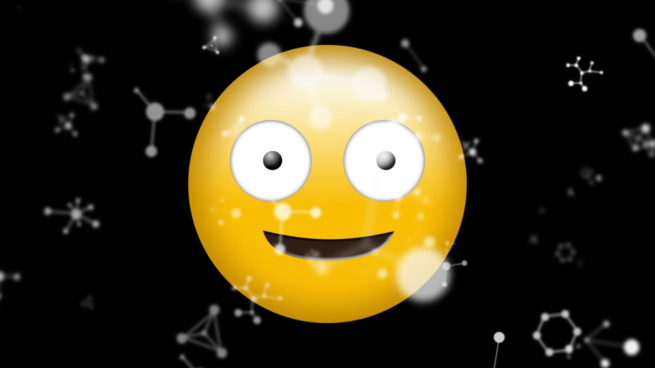 animación digital de estructuras moleculares flotando contra un emoji de cara tonta en un fondo negro