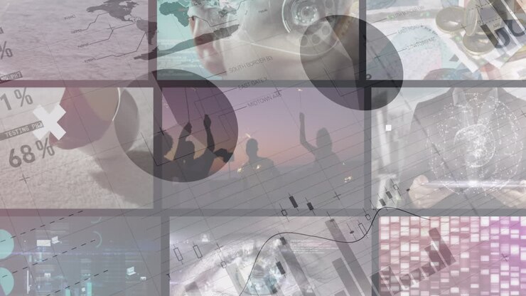 Animation of black and white charts and data over various clips playing on composite screens