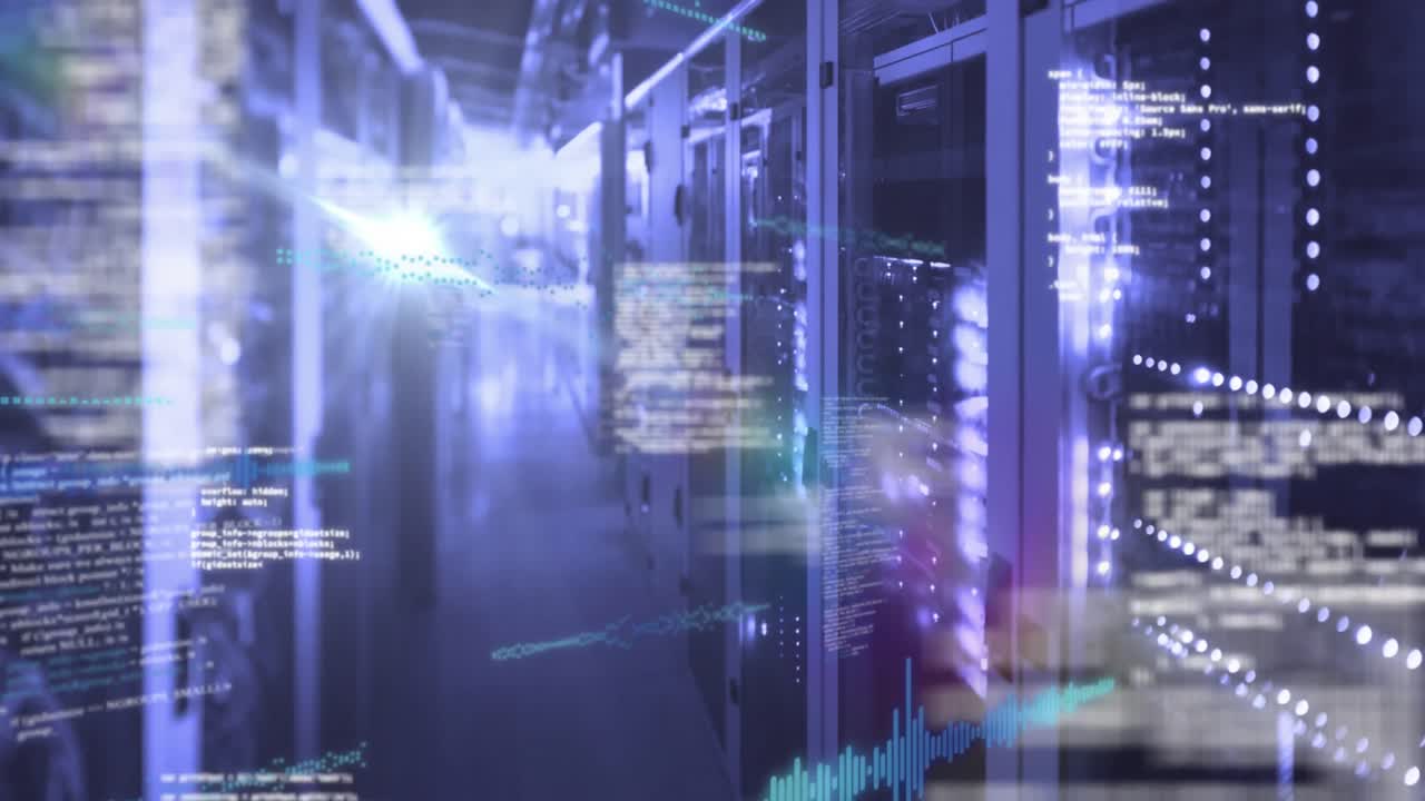 Animation of data processing and light spot against computer server room