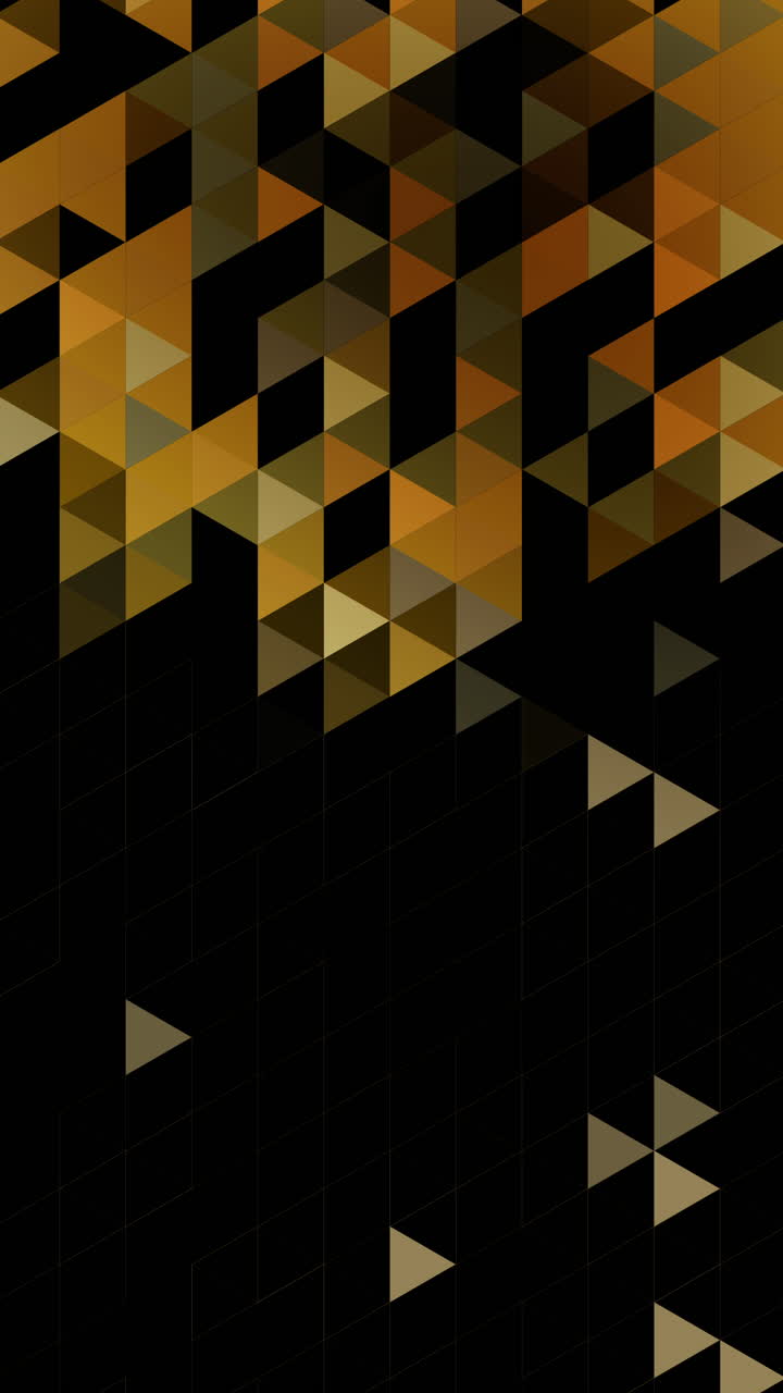 Geometric pattern with golden triangles. Loop abstract animation on black background. Copy space. Vertical video.