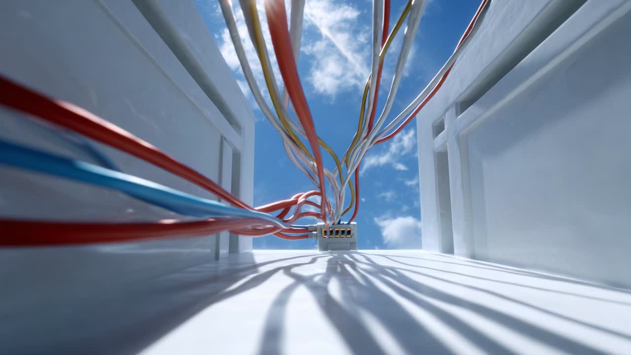 A Stunning Perspective of Colorful Wires Rising Towards the Sky, Showcasing an Abstract Interaction Between Technology and Nature's Canvas in a Unique Depth View of Energy Connectivity