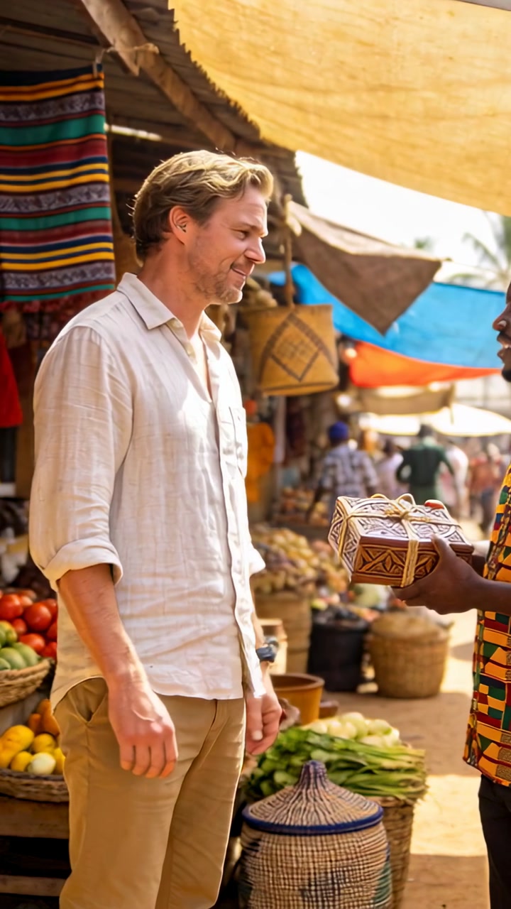 Vertical video: Shopper in light shirt accepting carved box in market, vendor offering box for sale