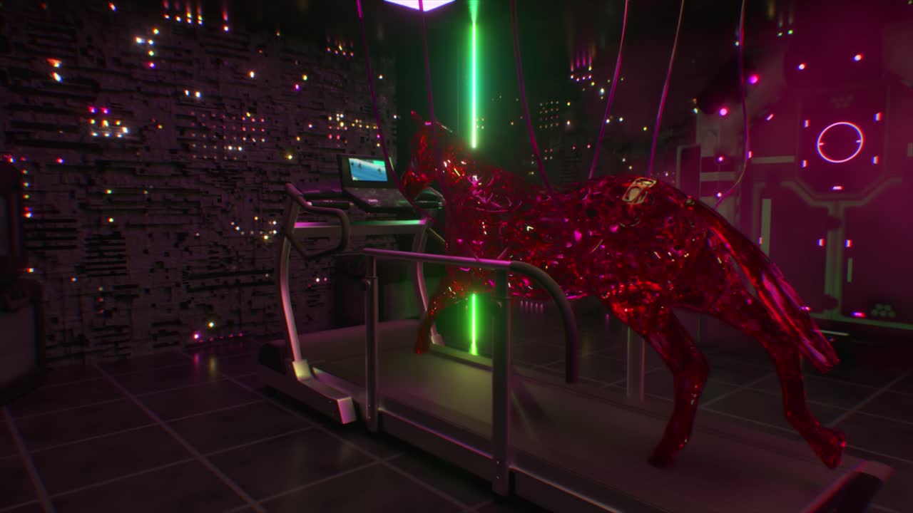 사이버크 체육관에서 미래의 트레드밀을 타는 말