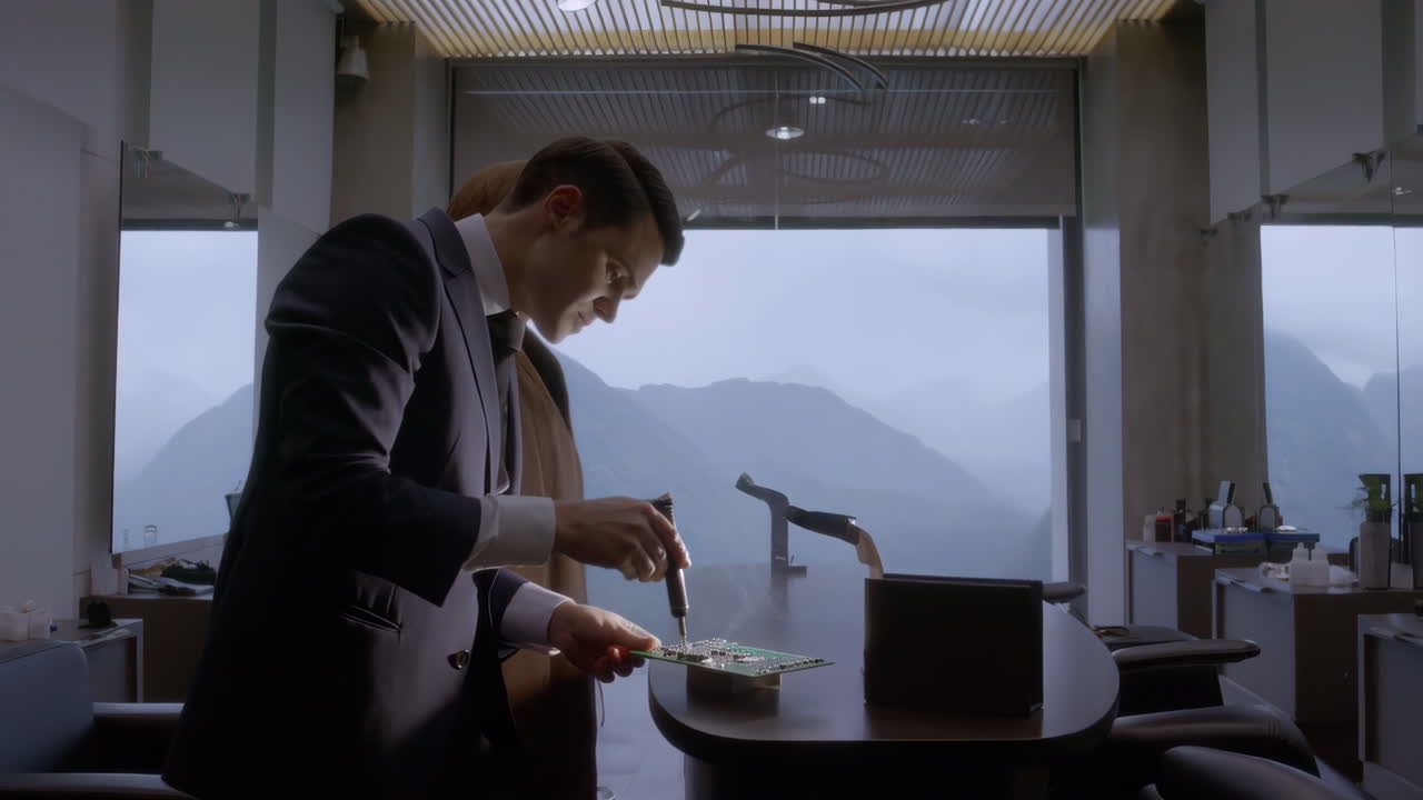 A man in a suit soldering a circuit board at a desk with a mountain view