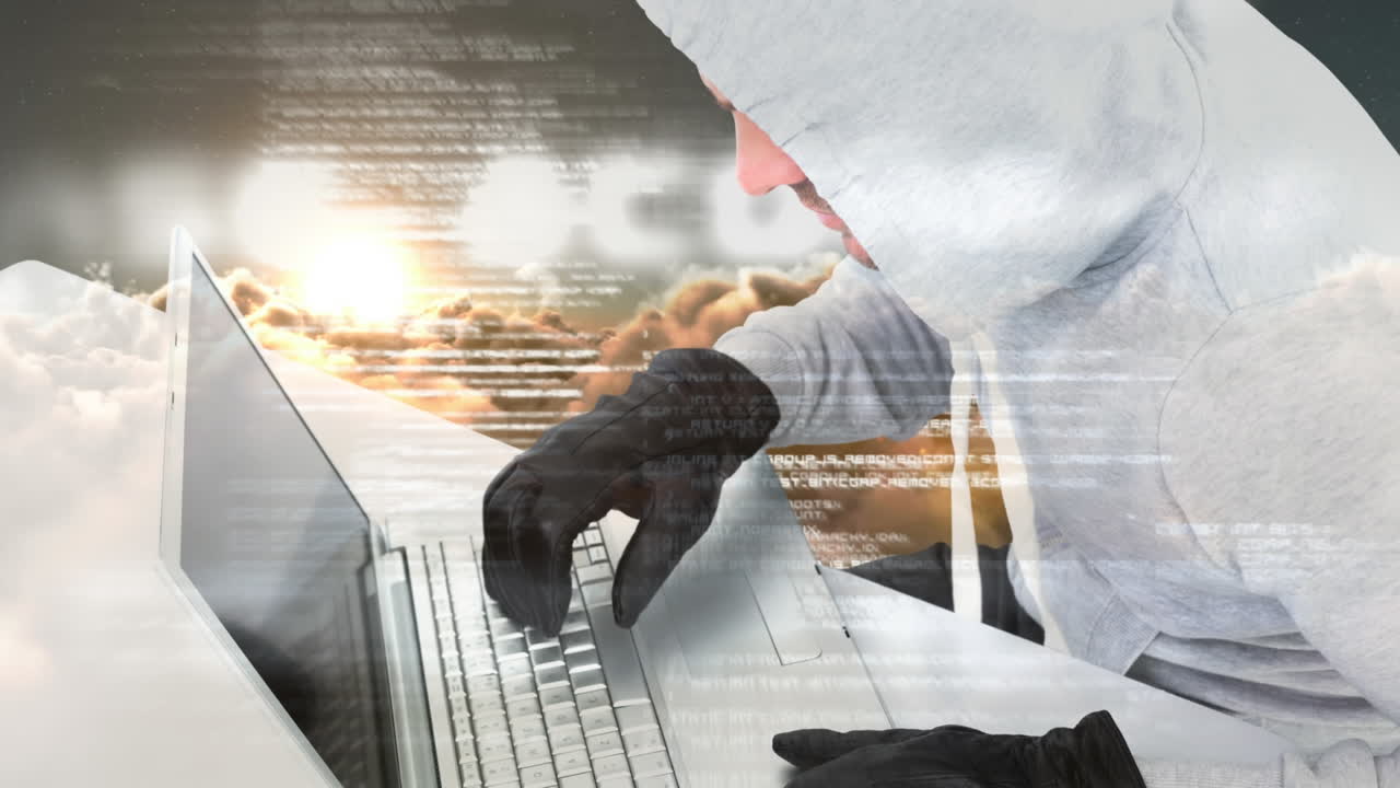animación digital de un hacker usando una computadora portátil 4k