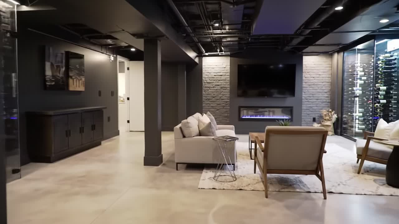 Modern Elegance: A Stylishly Designed Basement Featuring Custom Lighting, Cozy Furnishings, and Sophisticated Finishes for a Comfortable Living Experience