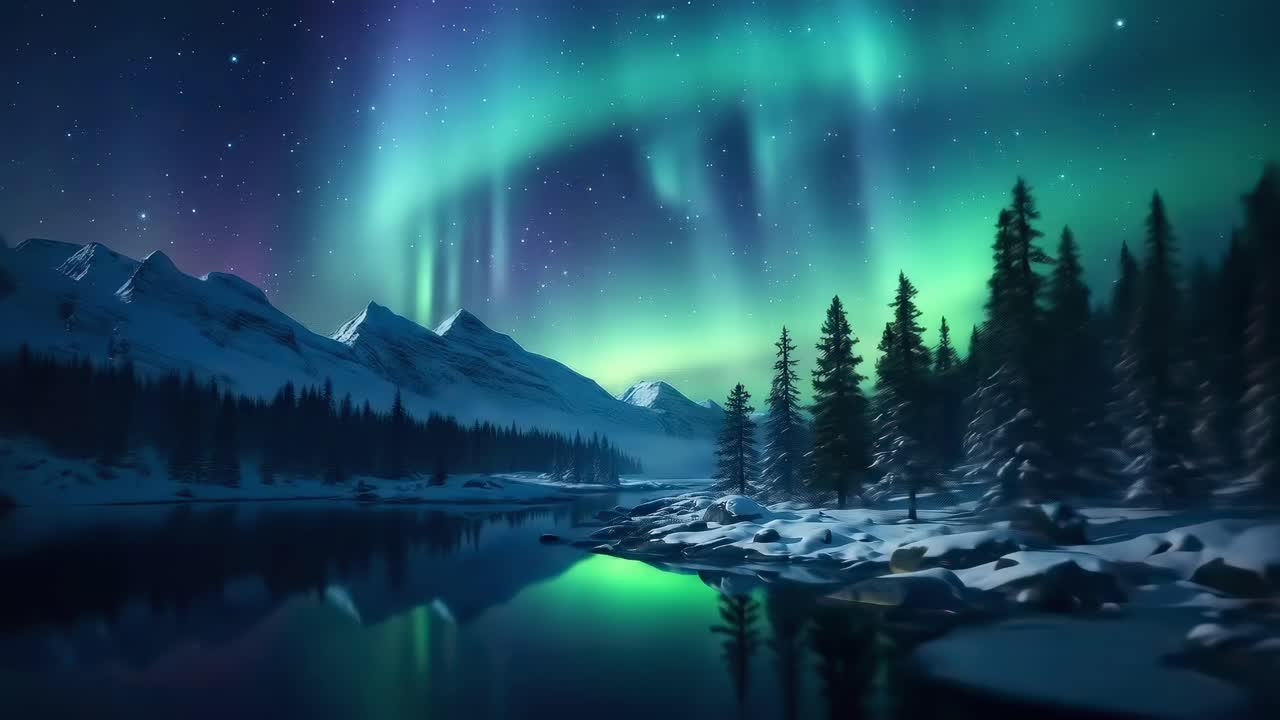 Stunning video of Northern Lights over snowy mountains and forest, captured from a low angle