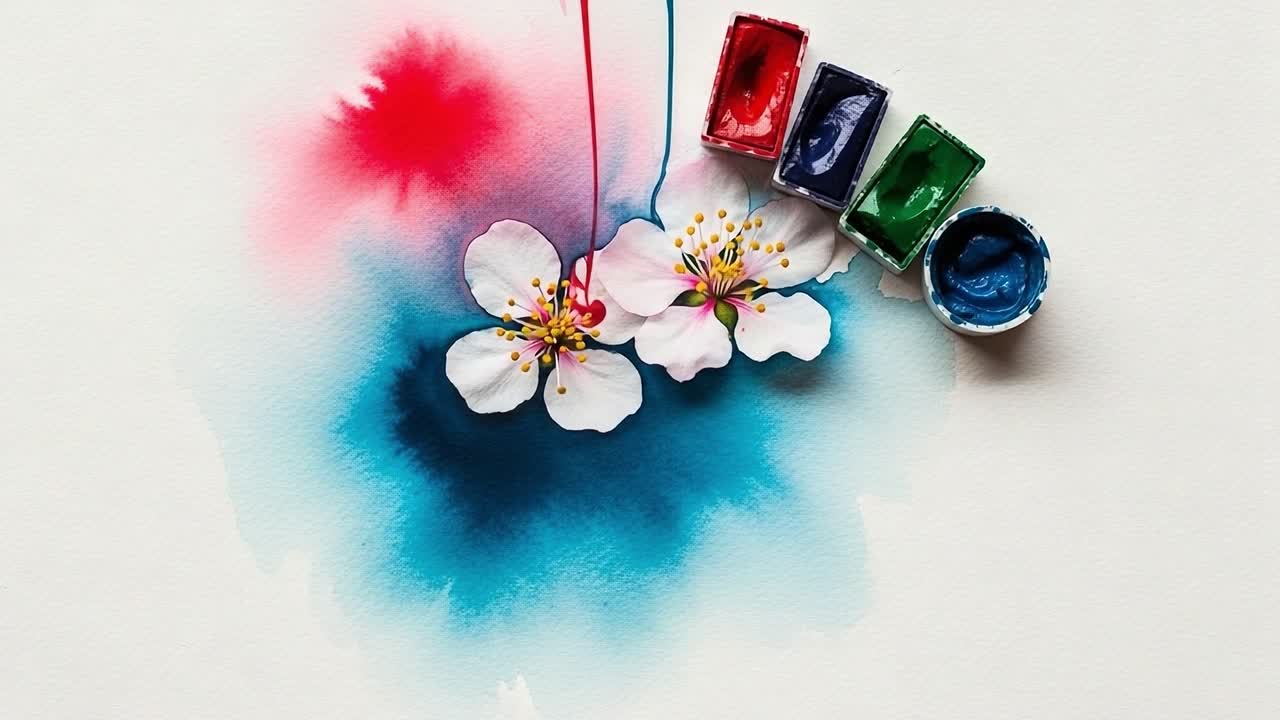 A Beautiful Composition of Cherry Blossoms and Watercolor Paints Creating a Vibrant Floral Artwork with Red, Blue, and Green Hues Against a Soft Background