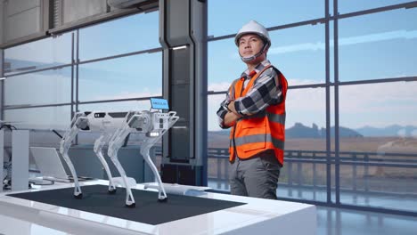 full body side view of asian male engineer with safety helmet standing in high tech factory, analyzing robotic machine concept. crossing his arms