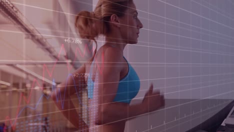 animación de procesamiento de datos sobre una mujer caucásica en forma corriendo en una cinta de correr