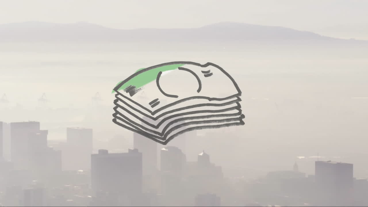 Stack of money animation over hazy cityscape with distant mountains