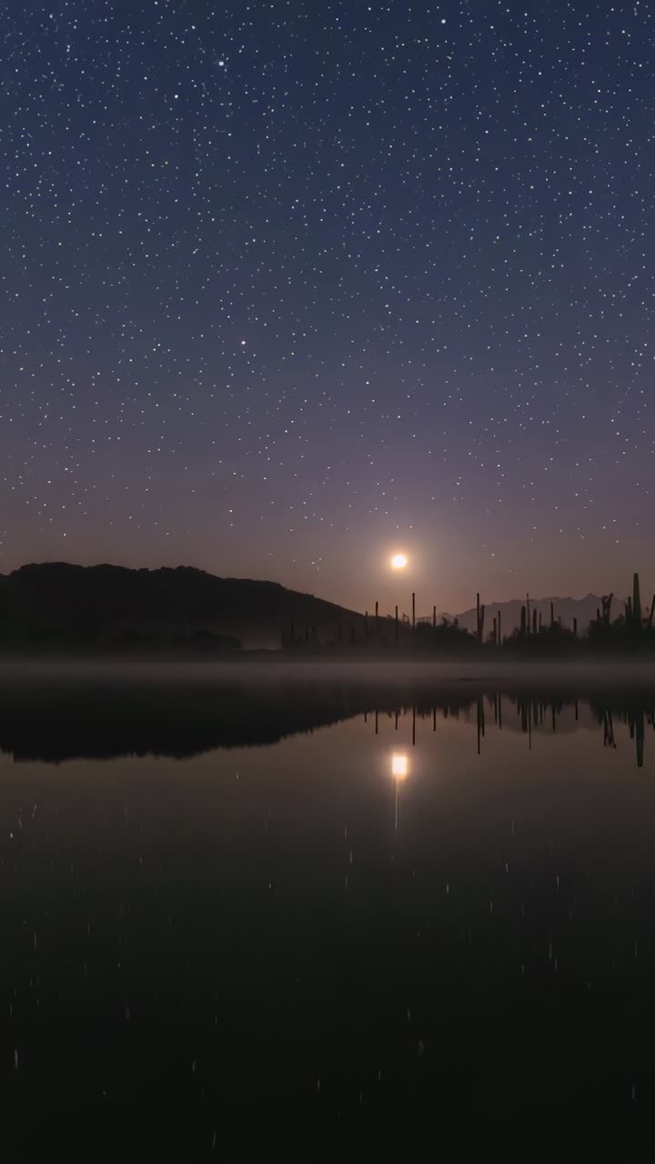 Video verticale: luna luminosa che sorge di notte, riflesso che cambia su un lago desertico con cactus