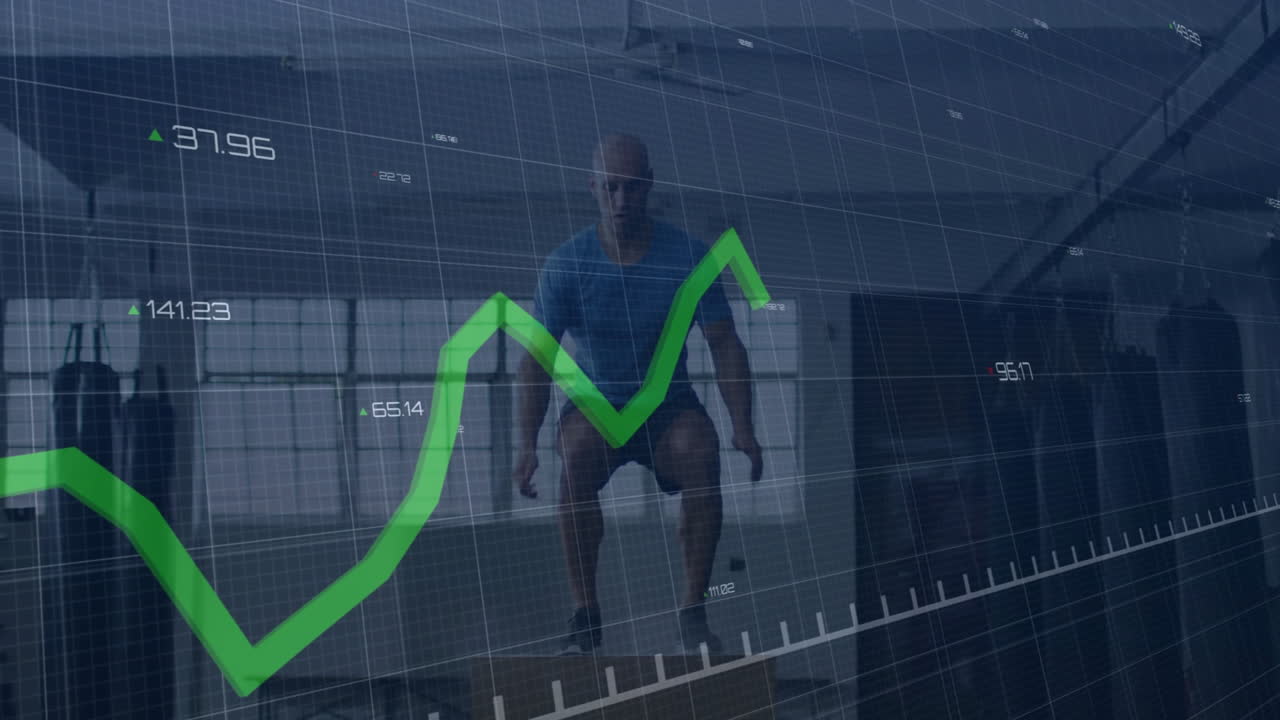 fitness trainer performing box jump inside gym, showing grid overlay with green performance chart