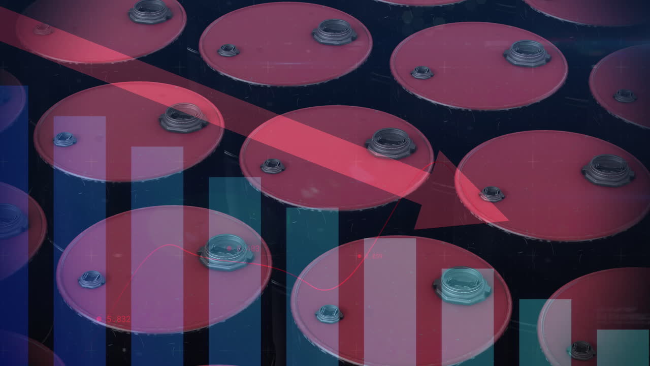 ⁇ 은 가솔린 배럴 위의 화살표로 금융 데이터 처리 및 통계의 애니메이션