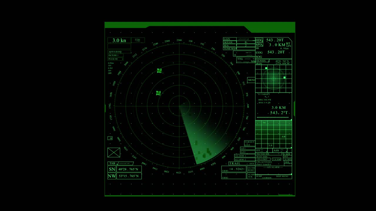 pantalla verde de radar de navegación o sonar para submarinos o buques