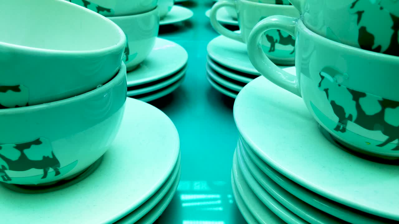 Blue color concept of catering culture, Hong kong milk tea, empty tea cup display